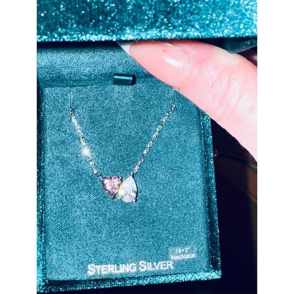 Pink Heart White Pear-Shaped Cubic Zirconia You & Me Necklace in Sterling Silver - Picture 7 of 12